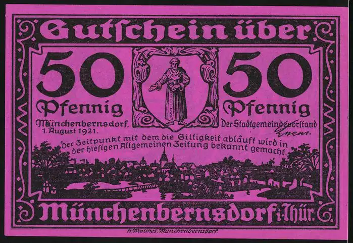 Notgeld Münchenbernsdorf 1921, 50 Pfennig, Stadtpanorama, Reiterloser Schimmel kehrt heim, Gutschein