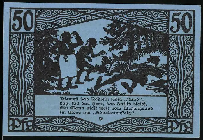 Notgeld Münchenbernsdorf 1921, 50 Pfennig, Stadtpanorama, Mann liegt am Advokatensteig, Gutschein