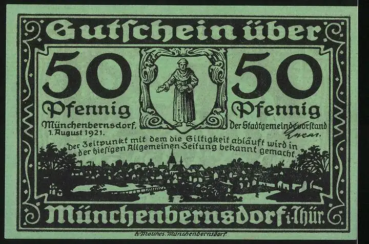 Notgeld Münchenbernsdorf 1921, 50 Pfennig, Stadtpanorama, Mann liegt bewusstlos auf seinem Pferd, Gutschein