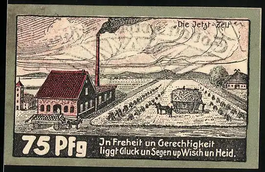 Notgeld Appeln 1921, 75 Pfennig, Fabrikanlage mit Schornstein, Bauern auf dem Feld, Die Jetzt-Zeit, Gutschein