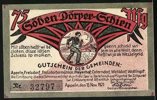 Notgeld Appeln 1921, 75 Pfennig, Fabrikanlage mit Schornstein, Bauern auf dem Feld, Die Jetzt-Zeit, Gutschein