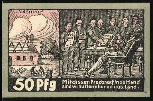 Notgeld Appeln 1921, 50 Pfennig, Männer mit Freibrief und beim Hausbau, Gutschein