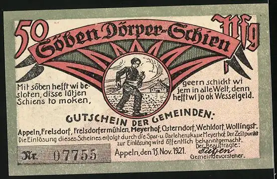 Notgeld Appeln 1921, 50 Pfennig, Männer mit Freibrief und beim Hausbau, Gutschein