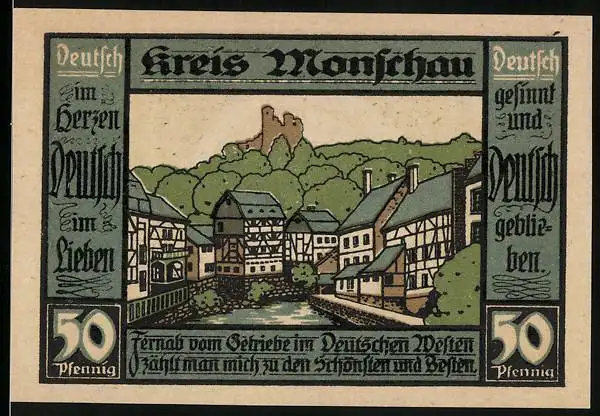 Notgeld Monschau 1921, 50 Pfennig, Ortsansicht mit Burgruine