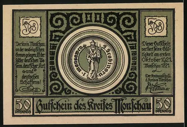 Notgeld Monschau 1921, 50 Pfennig, Ortsansicht mit Burgruine