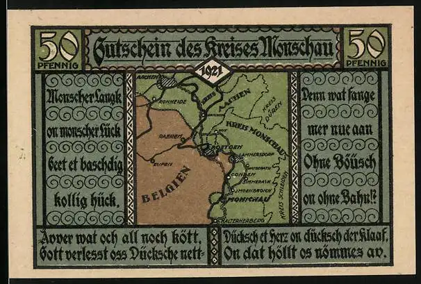 Notgeld Monschau 1921, 50 Pfennig, Landkarte mit umliegenden Kreisen und Grenze zu Belgien