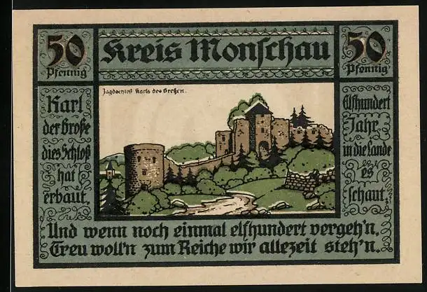 Notgeld Monschau 1921, 50 Pfennig, Jagdschloss Karls der Grossen