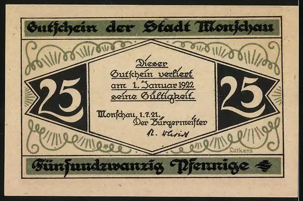 Notgeld Monschau 1921, 25 Pfennig, Ortspartie am Markt, Gutschein