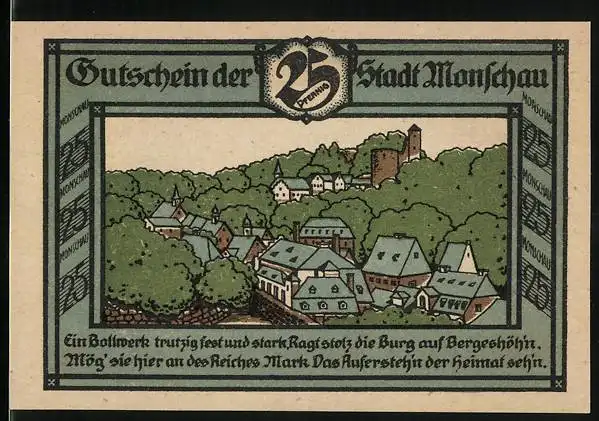 Notgeld Monschau 1921, 25 Pfennig, Ortsansicht aus der Vogelschau, Gutschein