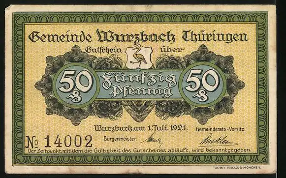 Notgeld Wurzbach / Thür. 1921, 50 Pfennig, Dachschieferbruch Kofelstein, Gutschein