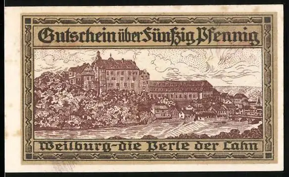 Notgeld Weilburg / Lahn 1920, 50 Pfennig, Ortsansicht aus der Vogelschau, Gutschein