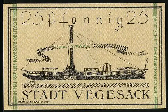 Notgeld Vegesack 1921, 25 Pfennig, Dampfer und Wappen, Gutschein