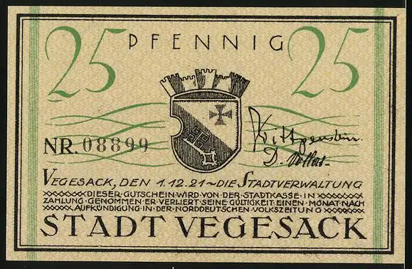 Notgeld Vegesack 1921, 25 Pfennig, Dampfer und Wappen, Gutschein