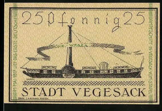 Notgeld Vegesack 1921, 25 Pfennig, Dampfer und Wappen, Gutschein