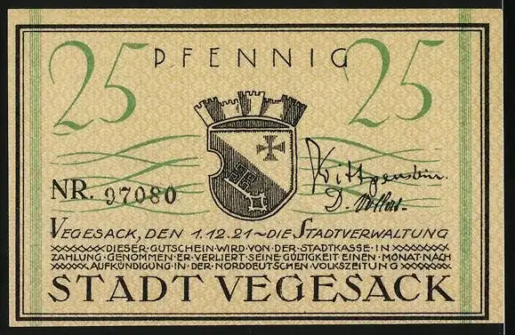Notgeld Vegesack 1921, 25 Pfennig, Dampfer und Wappen, Gutschein
