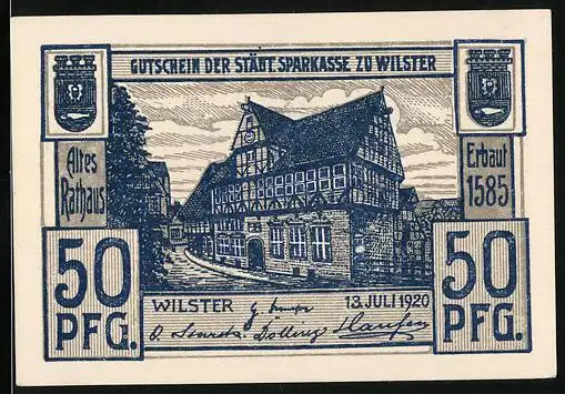 Notgeld Wilster 1920, 50 Pfennig, Altes Rathaus, Haus in der Marsch, Wappen, Gutschein
