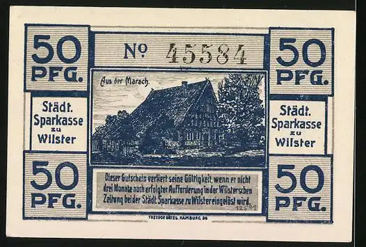 Notgeld Wilster 1920, 50 Pfennig, Altes Rathaus, Haus in der Marsch, Wappen, Gutschein