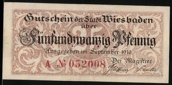 Notgeld Wiesbaden 1919, 25 Pfennig, Wappen und Signatur, Gutschein