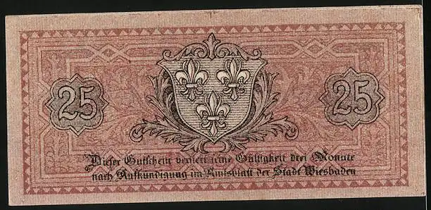Notgeld Wiesbaden 1919, 25 Pfennig, Wappen und Signatur, Gutschein