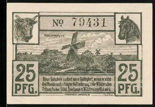 Notgeld Wilster 1920, 25 Pfennig, Wassermühlen und altes Rathaus, Gutschein