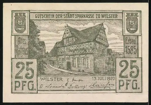 Notgeld Wilster 1920, 25 Pfennig, Wassermühlen und altes Rathaus, Gutschein