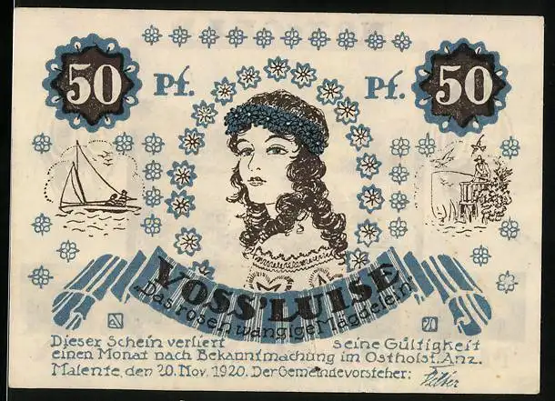 Notgeld Malente-Gremsmühlen 1920, 50 Pfennig, Dieksee, Bildnis der Voss`Luise Das rosenwangige Mägdelein