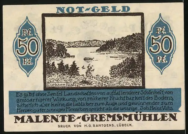 Notgeld Malente-Gremsmühlen 1920, 50 Pfennig, Dieksee, Bildnis der Voss`Luise Das rosenwangige Mägdelein