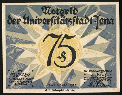 Notgeld Jena 1921, 75 Pfennig, Bildnis Ernst Haeckel, Totenschädel und strahlender Stern