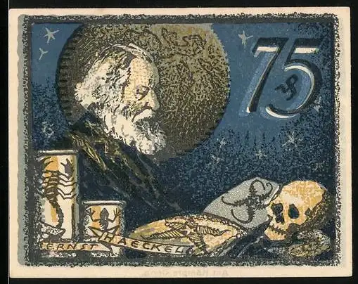 Notgeld Jena 1921, 75 Pfennig, Bildnis Ernst Haeckel, Totenschädel und strahlender Stern