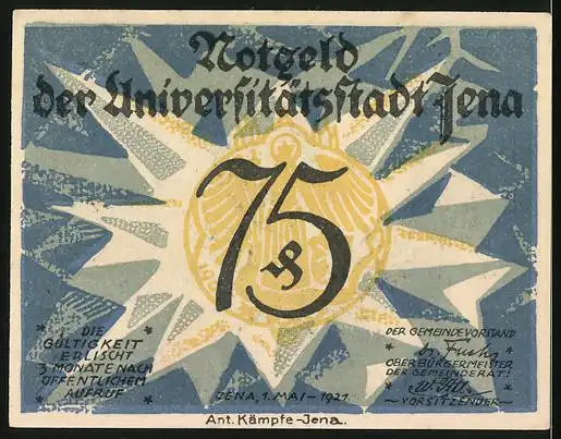 Notgeld Jena 1921, 75 Pfennig, Bildnis Ernst Haeckel, Totenschädel und strahlender Stern