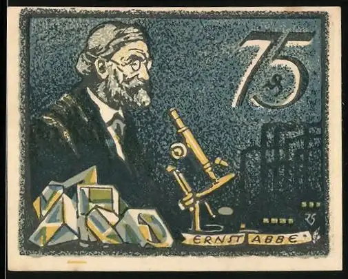 Notgeld Jena 1921, 75 Pfennig, Bildnis Ernst Abbe mit Mikroskop, strahlender Stern