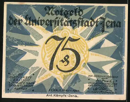Notgeld Jena 1921, 75 Pfennig, Bildnis Ernst Abbe mit Mikroskop, strahlender Stern