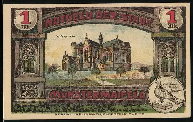 Notgeld Münstermaifeld 1921, 1 Mark, Stiftskirche, Wappen