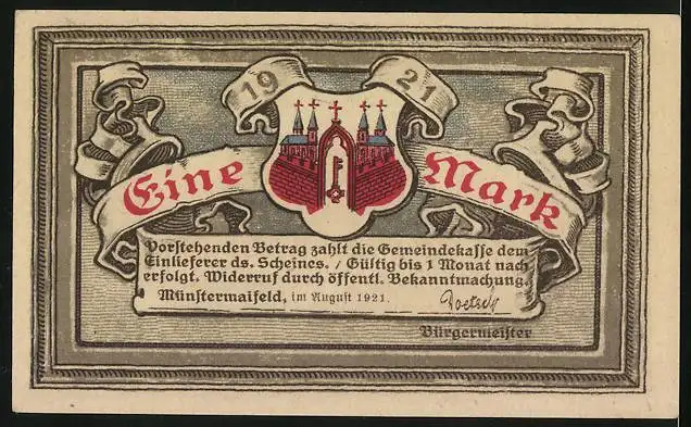 Notgeld Münstermaifeld 1921, 1 Mark, Stiftskirche, Wappen