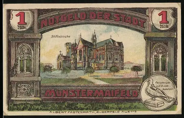 Notgeld Münstermaifeld 1921, 1 Mark, Stiftskirche und Wappen