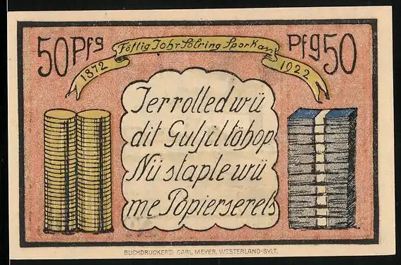 Notgeld Keitum / Sylt 1922, 50 Pfennig, Kirche, Geldschein- und Münzstapel, Wappen
