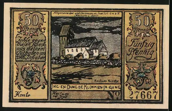 Notgeld Keitum / Sylt 1922, 50 Pfennig, Kirche, Geldschein- und Münzstapel, Wappen
