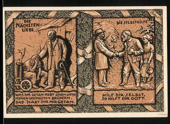 Notgeld Dellbrück 1922, 50 Pfennig, Vater Raiffeisen und Landesökonomierat Jacob Caspers, Nächstenhilfe u. Selbstliebe
