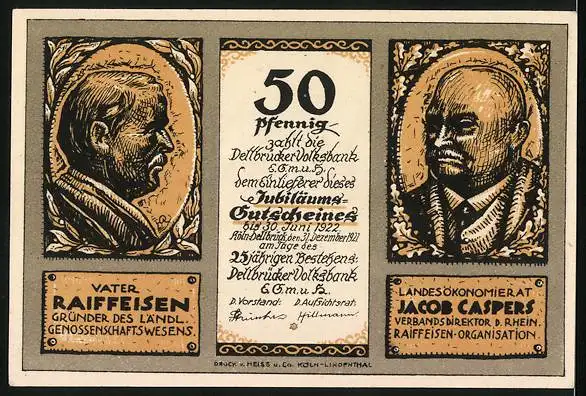 Notgeld Dellbrück 1922, 50 Pfennig, Vater Raiffeisen und Landesökonomierat Jacob Caspers, Nächstenhilfe u. Selbstliebe