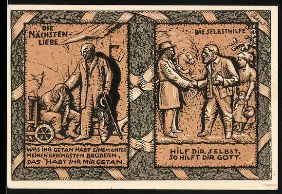 Notgeld Dellbrück 1922, 50 Pfennig, Vater Raiffeisen und Landesökonomierat Jacob Caspers, Nächstenliebe u. Selbsthilfe