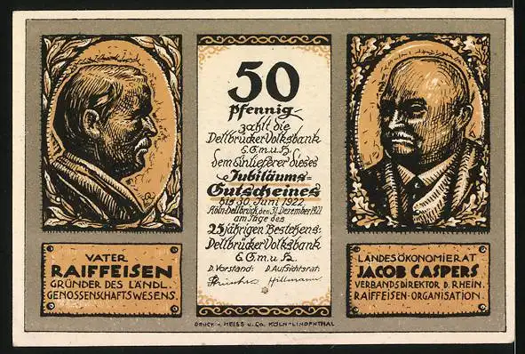 Notgeld Dellbrück 1922, 50 Pfennig, Vater Raiffeisen und Landesökonomierat Jacob Caspers, Nächstenliebe u. Selbsthilfe