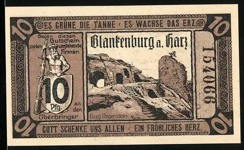Notgeld Blankenburg a. Harz 1920, 10 Pfennig, Burg Regenstein