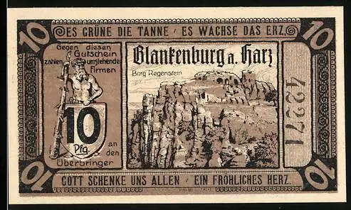 Notgeld Blankenburg a. Harz 1920, 10 Pfennig, Burg Regenstein