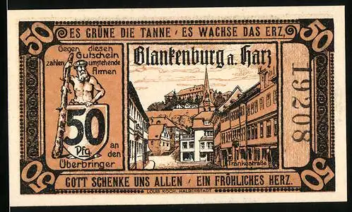 Notgeld Blankenburg a. Harz 1920, 50 Pfennig, Tränkestrasse