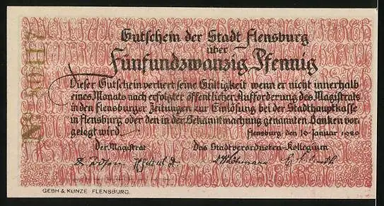 Notgeld Flensburg 1920, 25 Pfennig, Männer jubeln zum Wappen der Stadt 14. März 1920
