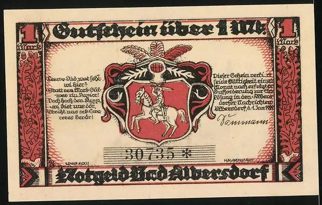 Notgeld Bad Albersdorf 1922, 1 Mark, Flusspartie mit Brücke, Wappen