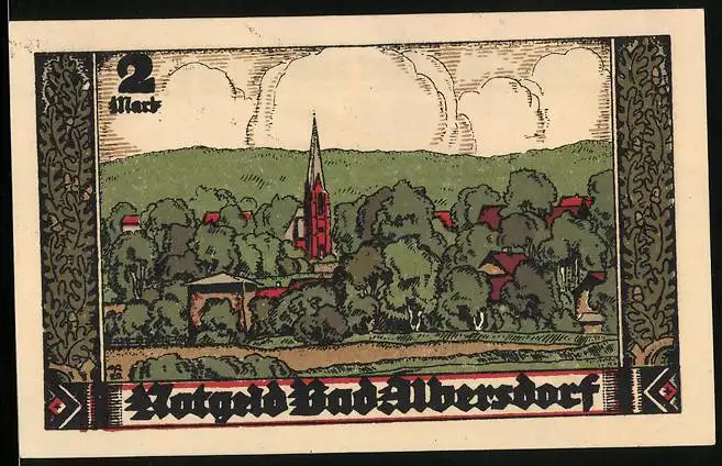 Notgeld Bad Albersdorf 1922, 2 Mark, Ortsansicht mit Kirche, Wappen