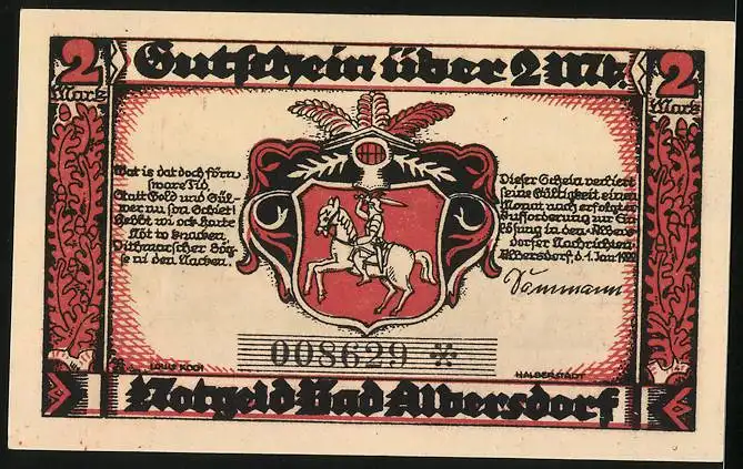 Notgeld Bad Albersdorf 1922, 2 Mark, Ortsansicht mit Kirche, Wappen