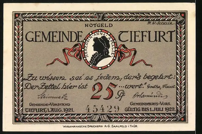 Notgeld Tiefurt 1921, 25 Pfennig, Scherenschnitt Herzogin Anna Amalie, Wohnhaus der Herzogin