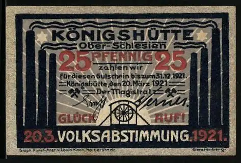 Notgeld Königshütte 1921, 25 Pfennig, Volksabstimmung 20.3.1921, Detail einer Kohlenzeche